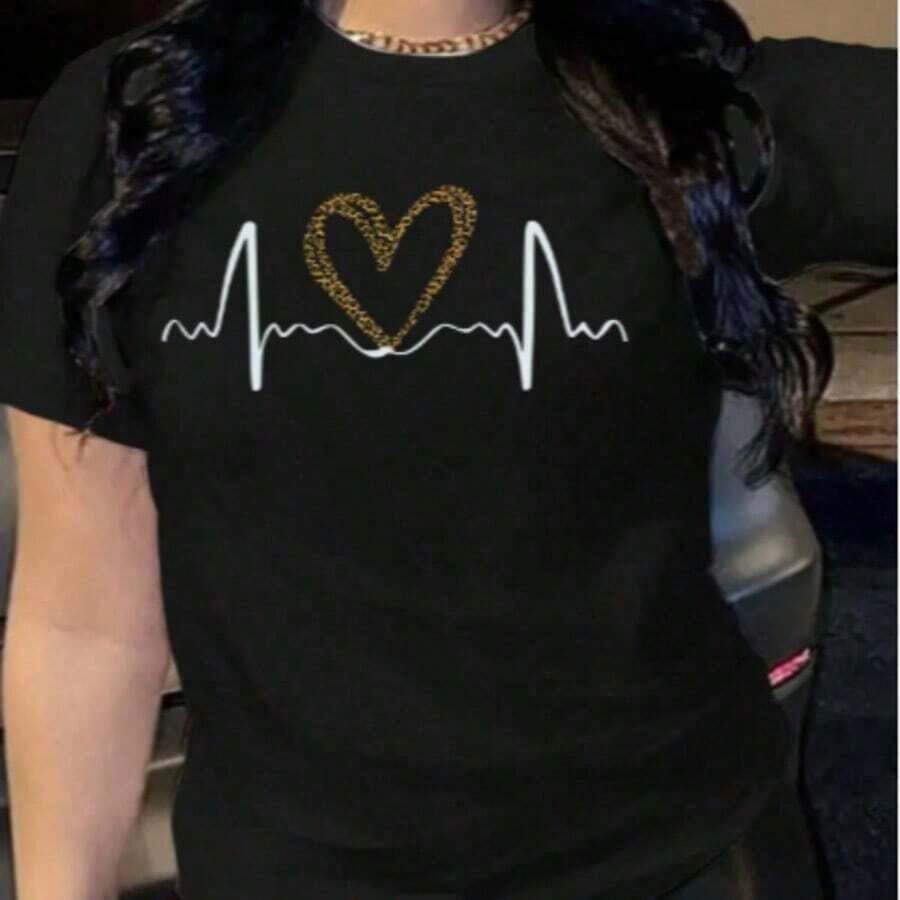 Short-Sleeved T-Shirt With Heart Print - 黑色 - 查看 1