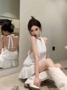 El nuevo vestido sin espalda con cuello halter de color sólido de Y2K es una Falda corta sexy, elegante y adelgazante para mujer en verano - Blanco - Ver 4