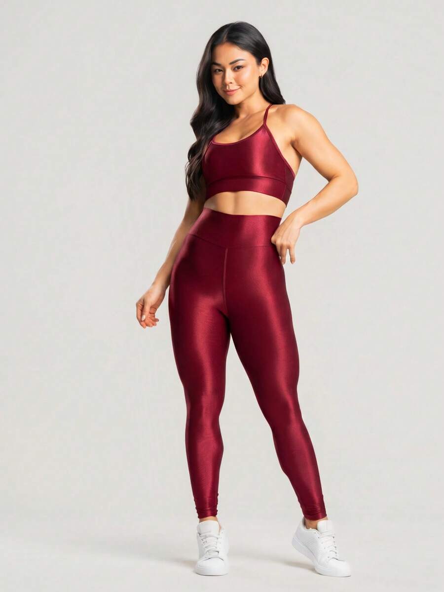 Women's Ribbed Fitness Set, Gym Top And Leggings With Glitter. - Maroon - View 1