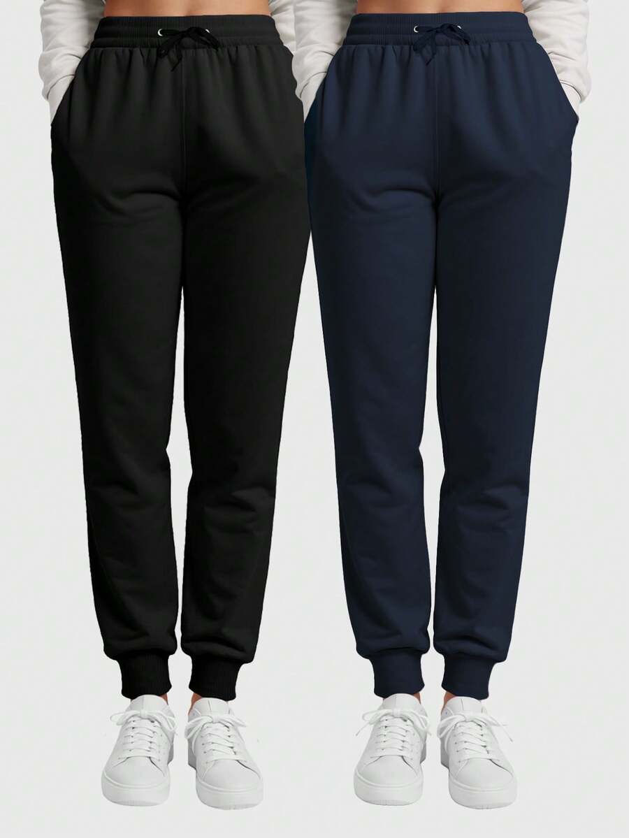 Set Of 2 Women's Sweatpants With Pockets And Adjustable Waistband - ĐEN/XANH NAVY - Xem 1
