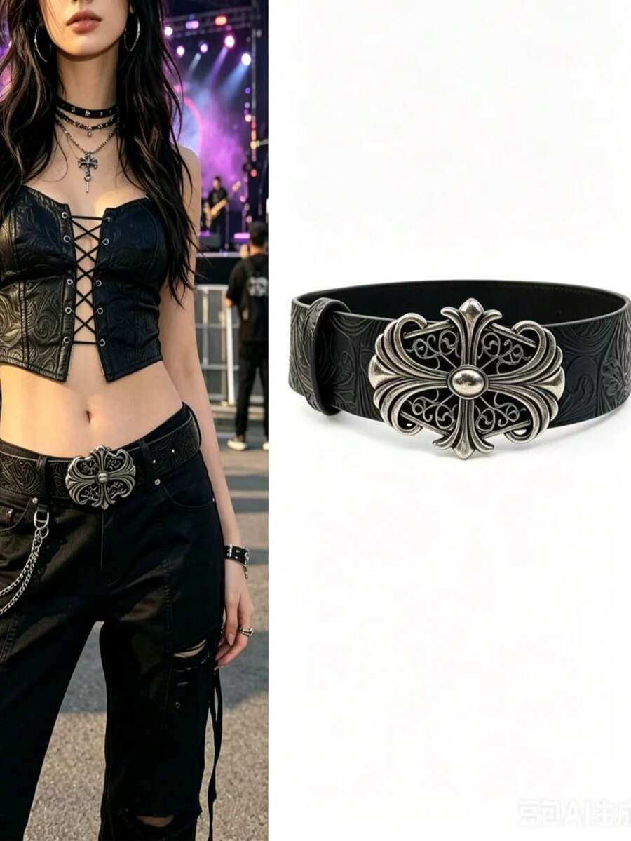 1 chiếc thắt lưng unisex phong cách Y2K, màu đen, kiểu miền Tây, cá tính, Gothic, phong cách alternative, phù hợp với phong cách cao bồi, những người cá tính, grunge, thắt lưng da dày dặn kiểu đồng quê dành cho nữ, phối cùng quần jeans, phụ kiện thời trang, punk, gothic. - màu đen - Xem 1