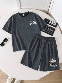 2pcs/Set Boys' Street Style "Cool Rabbit" Pattern Casual Outfit, Including T-Shirt And Shorts, Soft Comfortable Fabric, Suitable For Summer School Wear - Black - View 2