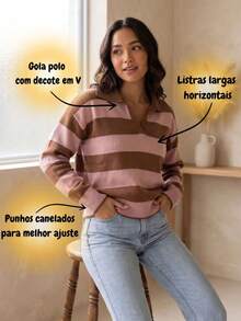 Women's Striped Knit Polo Neck Long Sleeve Ribbed Knit Sweater For Autumn/Winter - Rojo bebé/Rosa - Ver 3