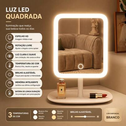 Espelho De Mesa Com Luz LED Redondo Quadrado Para Maquiagem Penteadeira Skincare Decoração com Bandeja