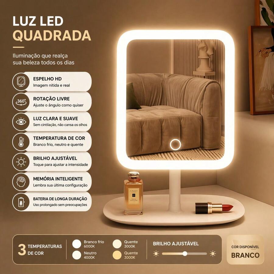 Tabletop Mirror With LED Light, Round Or Square, For Makeup, Dressing Table, Skincare, Decoration With Tray - White (square) - View 1