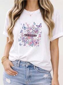 Damen-T-Shirt Mit Wunderschönem Print Mit Violetten Schmetterlingen - White - View 2
