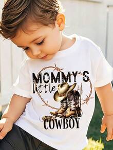 Mommy's Little Cowboy - Western Cowboy Boots Cartoon Print Short-Sleeve T-Shirt For Children And Babies, A Stylish And Casual Round-Neck Top Suitable For Boys And Girls To Wear All Year Round. - 白色4 - 查看 1