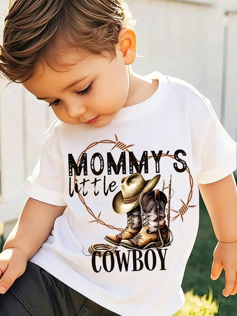 Mommy's Little Cowboy - Western Cowboy Boots Cartoon Print Short-Sleeve T-Shirt For Children And Babies, A Stylish And Casual Round-Neck Top Suitable For Boys And Girls To Wear All Year Round. - 白色4 - 查看 1