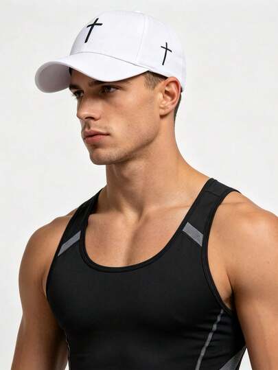 1 Piece, Men's Cross-Embroidered Baseball Cap, Adjustable Casual Street-Style Sun Hat, Suitable For Outdoor Sports And Daily Wear. Men's White Cross-Embroidered Curved Brim Baseball Cap, Fashionable Hip-Hop Style Adjustable Cap, Ideal For Travel And Vacation. Unisex Cross-Embroidered Baseball Cap, Breathable Adjustable Dad Hat
