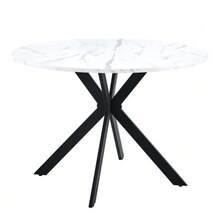 Modern Round Dining Table With White Marble Look Made Of MDF – Black X-Frame, Dining Table For Kitchen & Living Room, 110 Cm Diameter - Black and White - View 7