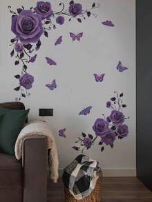 1pc Purple Rose Wall Sticker, Suitable For Living Room, Bedroom, Study, Also Can Be Given As Gift To Friends, Hanging Floral Wall Decal - With Adhesive Backing, Applicable For Bedroom, Homestay, Sofa Background Wall, Creating A Gentle Forest-Inspired Style - Wall Stickers - View 5