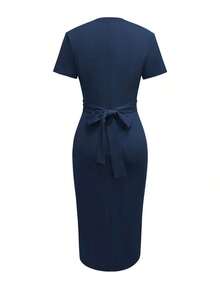 Vestido ajustado de color sólido para mujer, cuello en V elegante, abertura con botones, ideal para oficina y casual, primavera y verano - azul real - Ver 5