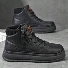 Men's Fashion Chunky Sole High-Top Sneaker Boots, Lace-Up Side Zip Leather-Like Boots For Daily Wear & Outdoor Activities, Comfortable Non-Slip Casual Shoes For Men - 黑色 - 查看 13