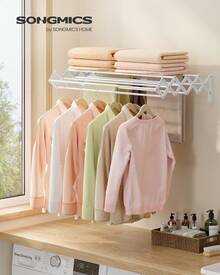 SONGMICS Clothes Drying Rack, Wall-Mounted Drying Rack Clothing, Accordion Laundry Rack, 9 Staggered Hanging Rods, Expandable And Retractable, Steel - trắng - Xem 1