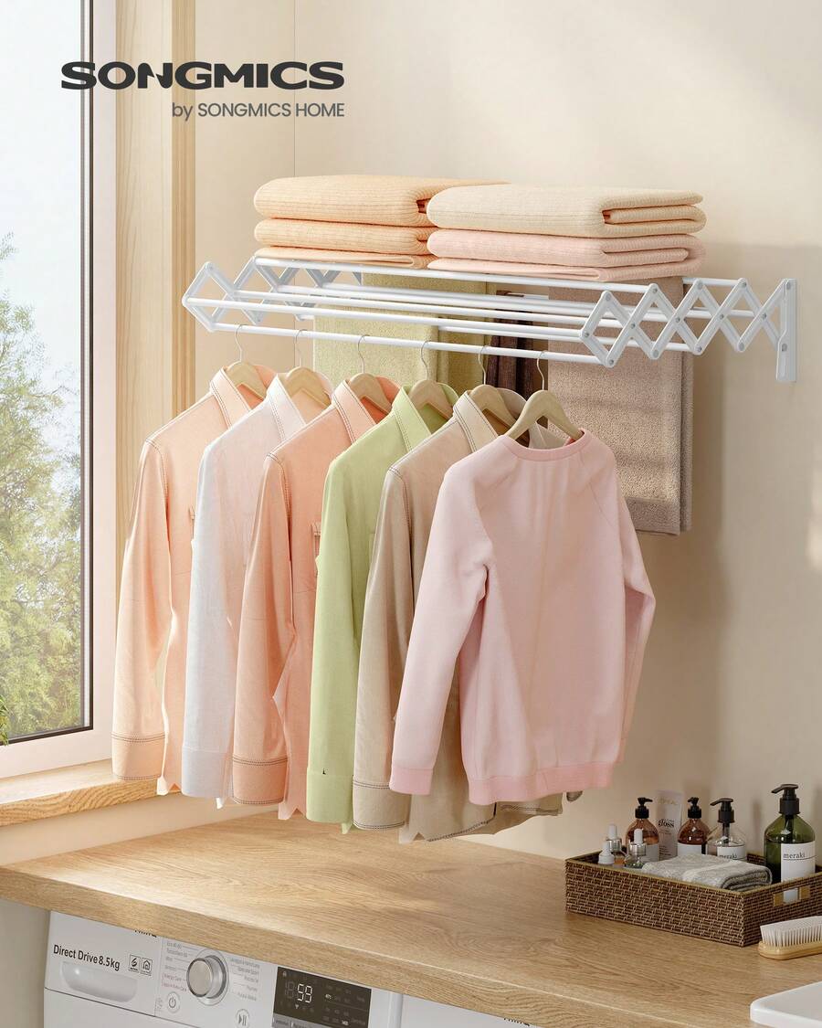 SONGMICS Clothes Drying Rack, Wall-Mounted Drying Rack Clothing, Accordion Laundry Rack, 9 Staggered Hanging Rods, Expandable And Retractable, Steel - trắng - Xem 1