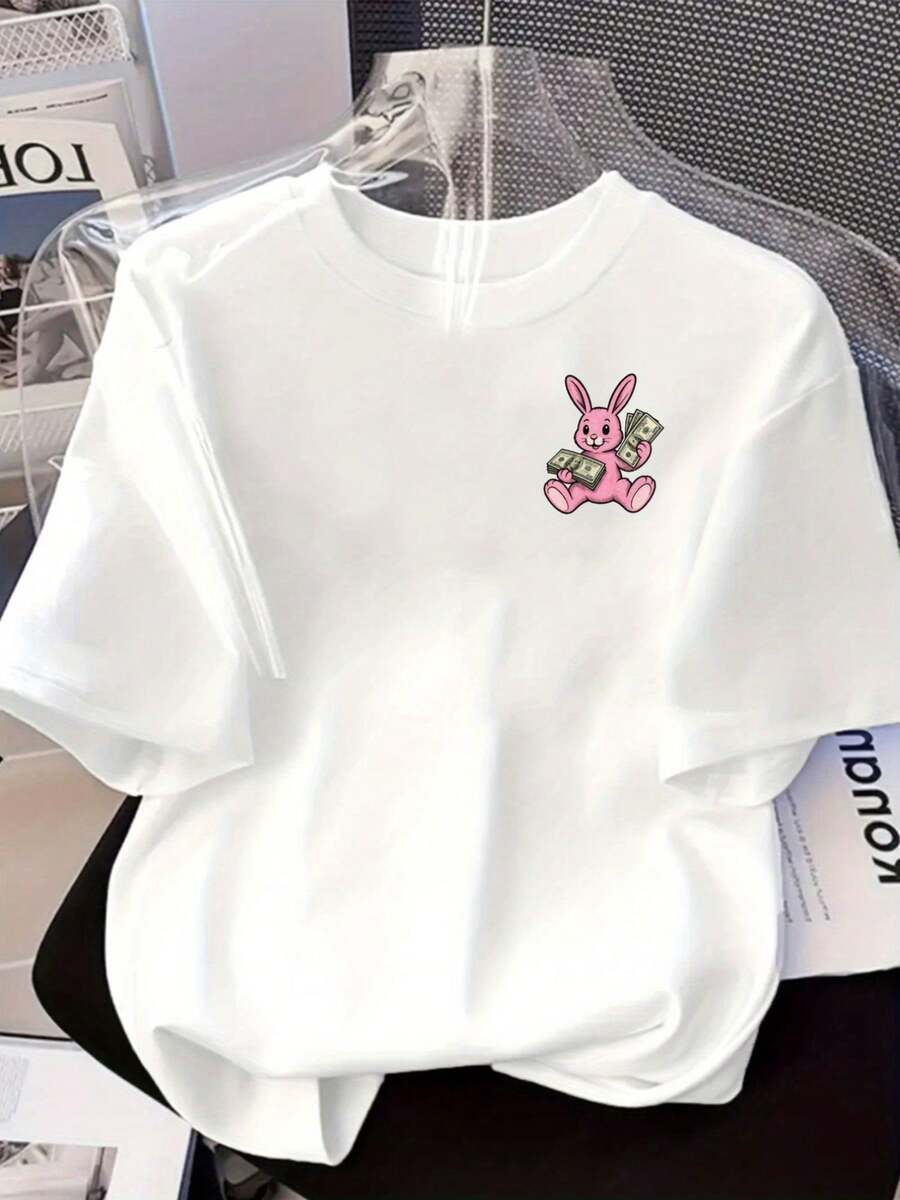 Camiseta de manga corta con impresión de conejo rosa y billete de dólar unisex - Top casual de cuello de tripulación blanco | 100%, diseño gráfico juguetón, lavable en máquina, adecuado para todas las estaciones
