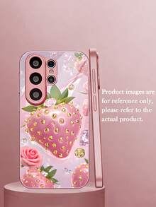 浪漫玫瑰草莓水钻图案粉色玻璃手机壳，适用于三星 Galaxy S26 Ultra/S26 Edge/S25 Ultra/S24 Ultra/S22 Ultra/S23 Ultra/S21 Ultra/S20 Ultra/S10/S9/S8 Plus/Note20 Ultra，适合周年纪念、节日、送给朋友、家人、爱人的礼物，防刮花，高清玻璃材质，时尚优雅的保护壳 - 粉色 - 查看 8