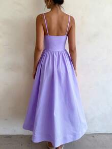 2026 Spring New Women's Clothing, Cross-Border European And American Dress, Sexy Waist-Cinching Pleated Solid Color Large Hem Strap Dress - 紫色 - 查看 3