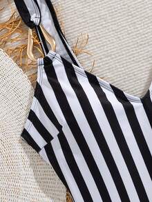 Women's Fashionable Sleeveless Striped One-Piece Swimsuit, High-Cut Design With Straps And Open Back, Perfect Bikini For Beach Wear Vacation - Black and White - View 6