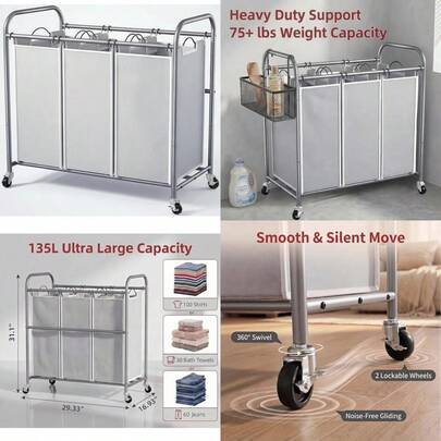 ROMOON Laundry Sorter cesto para la ropa sucia de 3 secciones con ruedas pesadas y bloqueables organizador de cesto para la ropa sucia con bolsas extraíbles para guardar la ropa sucia