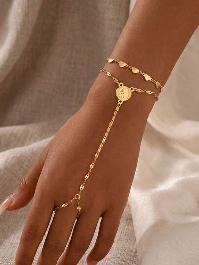 2pcs/Set Fashionable Elegant Gold Virgin Mary Decor Knuckle Chain Bracelet, Double-Layer Heart Bracelet, Suitable For Vacation, Date, And Daily Wear