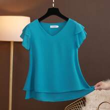 2026 nueva blusa de verano para mujer, camisa holgada de gasa con cuello en V, blusa de manga corta para mujer, camisas de gran tamaño, tops y blusas para mujer - azul malaquita - Ver 3