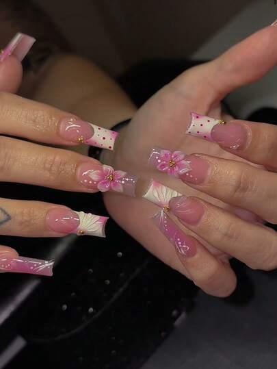 30Pieces Of Long Square Fake Nails, Classic French Nail Art, Ballet Nails, 3D Carved Flowers, Including Metal Diamond Decorations, Contrasting Colors, Wavy Patterns, Nail Art Set, Suitable For Women And Girls With Long Nails, Parties, Holidays, Nail Products, Nail Art Products