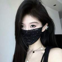 Summer Women's Thin, Breathable Lace Mesh Rhinestone Fashion Korean Style Sunshade Goddess Face Mask, Washable. - Black- - View 1