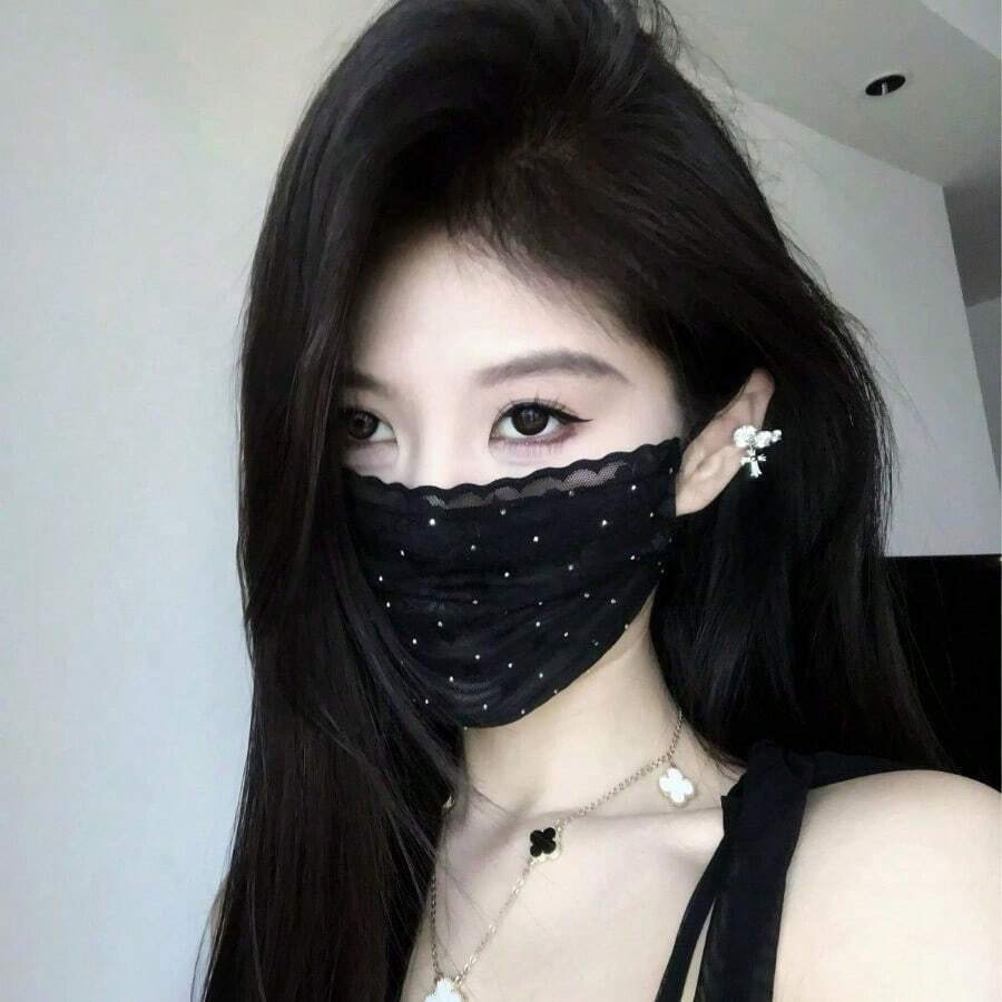 Summer Women's Thin, Breathable Lace Mesh Rhinestone Fashion Korean Style Sunshade Goddess Face Mask, Washable. - Black- - View 1