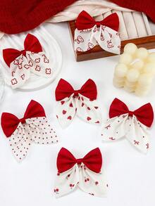 8pcs Random Red & White Printed Bow Hair Clips, Cute & Sweet Hair Accessories For Girls, Versatile For Ponytail, Half-Up Hairstyles, Daily Wear - Multicolor - View 2