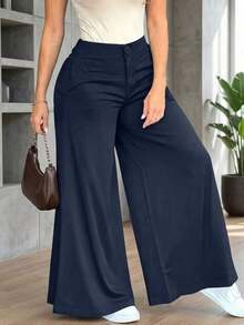 Pantalones anchos y sueltos de unicolor y casual para mujer, elegantes y minimalistas para la primavera - Azul marino - Ver 1