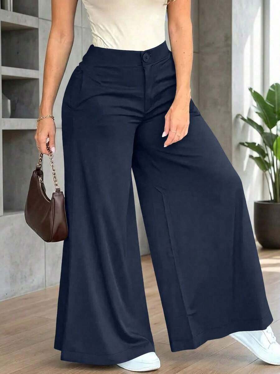 Pantalones anchos y sueltos de unicolor y casual para mujer, elegantes y minimalistas para la primavera - Azul marino - Ver 1