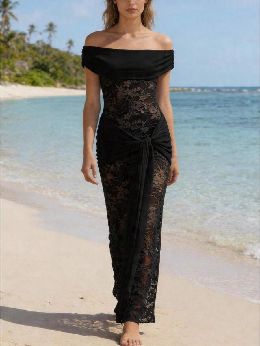 Vestido Largo Mujer de Encaje Hombros Descubiertos o Strapless con Nudo Ajustado Elegante Formal Fiesta Noche - Negro - Ver 1