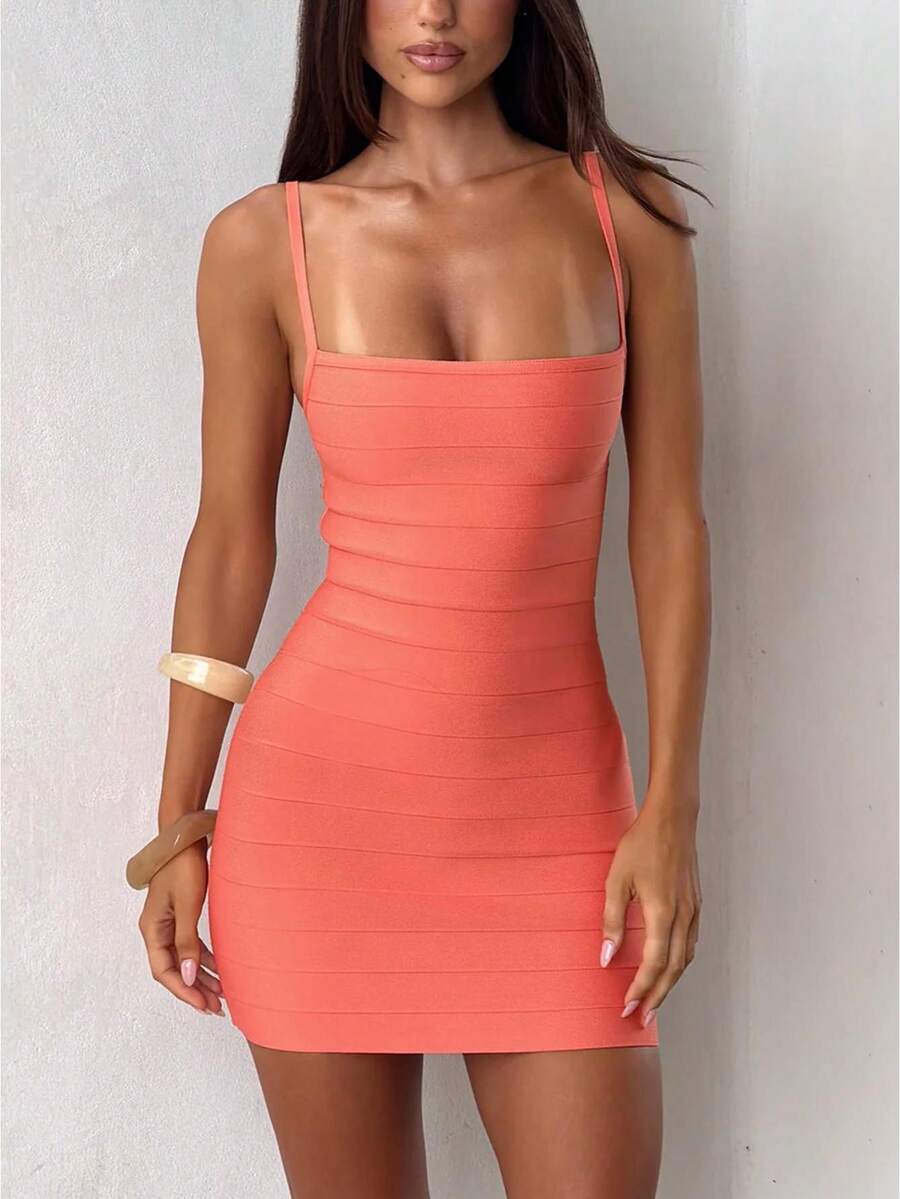 Women Halter Bandage Mini Dress, Sexy Backless Bodycon Sleeveless Party Clubwear, Slim Fit Striped Knit Cocktail Dress For Nightclub Evening - 橘色 - 查看 1