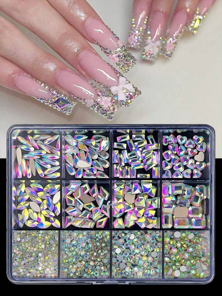 12grids/Box Colorful AB Flat Round Asymmetrical Multi-Size Nail Art Rhinestones, Glitter Glass Diamonds, Mixed Size Suitable For Women And Girls Daily Manicure DIY - Multicolor - View 1
