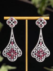 1 Pair Unique Design Women's Earrings, Jewelry, Floral, Hollow Design, Zirconia Earrings, Elegant Luxury, Suitable For Women's Daily And Banquet Wear, All Seasons, Gift - Earring - View 9