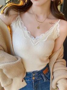 Top de encaje para mujer, camisola corta, sexy, blanca, sin mangas, estilo coreano, chaleco negro, verano 2026, ropa coquette Y2K - Beis - Ver 4