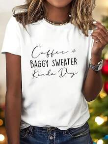 Women's 1pc Y2K Style Graphic T-Shirt - High Elasticity Sports Short Sleeve With "COFFEE + BAGGY SWEATER KINDA DAY" Print, Round Neck, Machine Washable All Season White T-Shirt For Casual Wear, Ladies' T-Shirts, Cozy Weekend Wear, High Elasticity Fabric, Clothing Essential, Retro Fashion, Breathable Material, T-Shirt Print, Streetwear Fans - 白色 - 查看 1