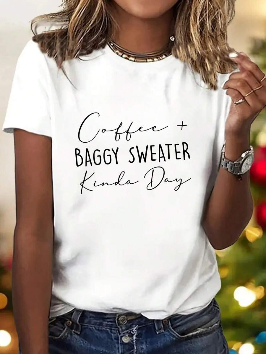 Women's 1pc Y2K Style Graphic T-Shirt - High Elasticity Sports Short Sleeve With "COFFEE + BAGGY SWEATER KINDA DAY" Print, Round Neck, Machine Washable All Season White T-Shirt For Casual Wear, Ladies' T-Shirts, Cozy Weekend Wear, High Elasticity Fabric, Clothing Essential, Retro Fashion, Breathable Material, T-Shirt Print, Streetwear Fans - 白色 - 查看 1