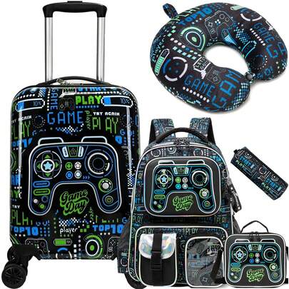 Juego de equipaje lindo para niños, set de 5 piezas, maleta rígida de 16 pulgadas con ruedas giratorias, equipaje de mano para niños pequeños, equipaje de viaje con ruedas, equipaje de mano aprobado por aerolíneas