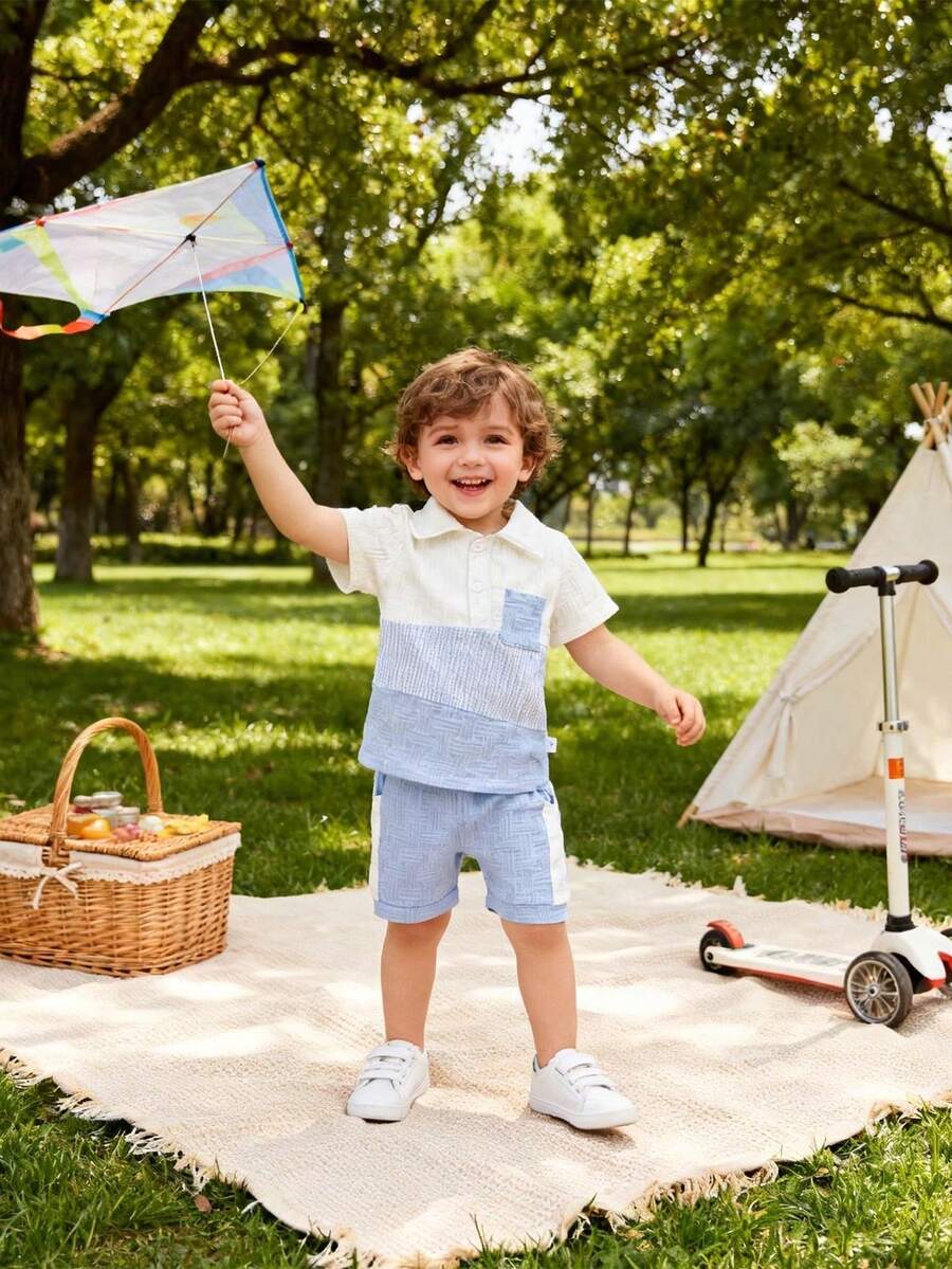 Conjunto de pantalón corto y camisa de manga corta con cuello de parche para niños - Multicolor - Ver 1