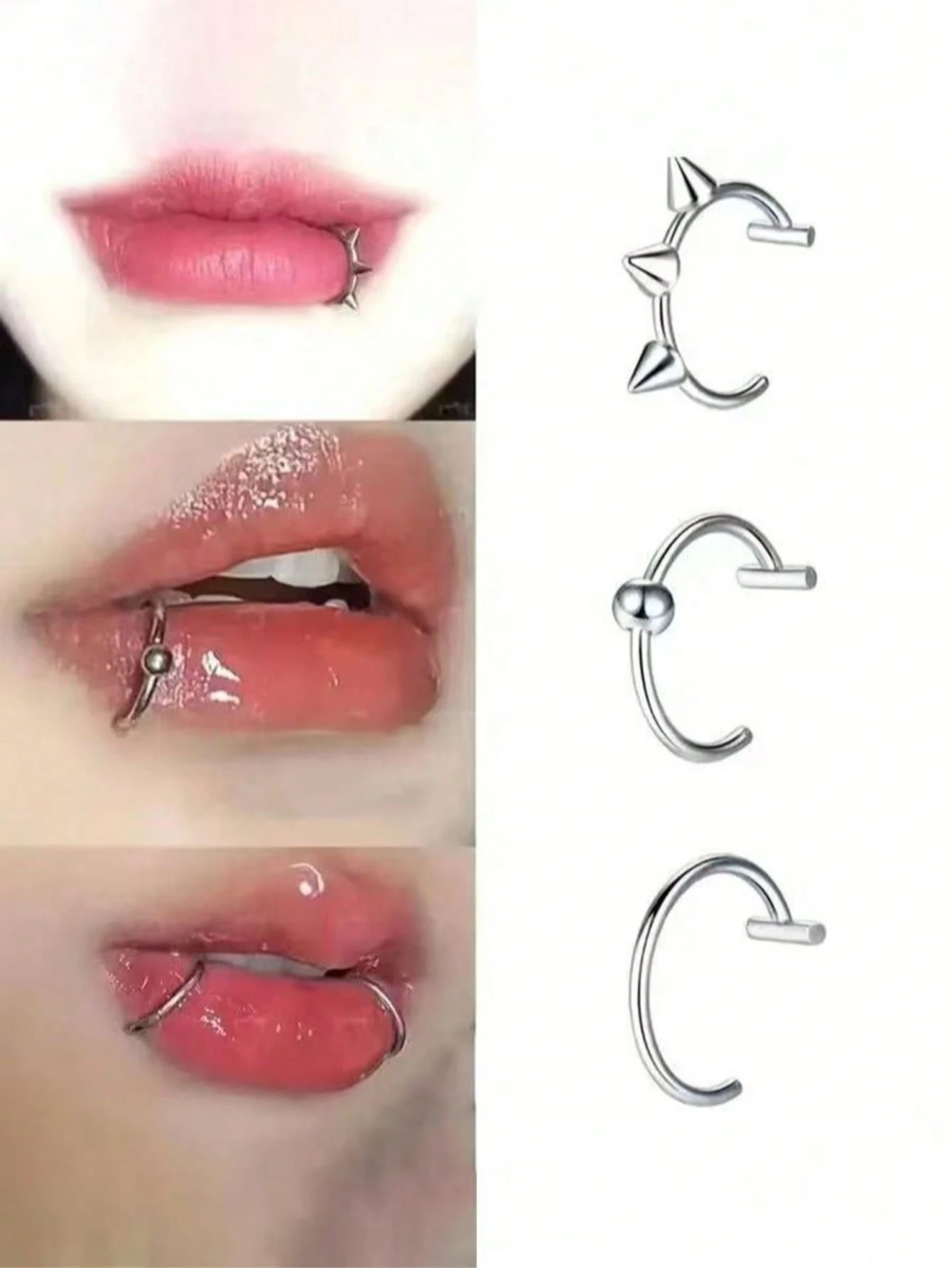 3 chiếc/2 chiếc/1 chiếc khuyên môi kẹp kiểu Punk màu bạc, phụ kiện xỏ môi thời trang unisex. - Nhiều màu - Xem 1