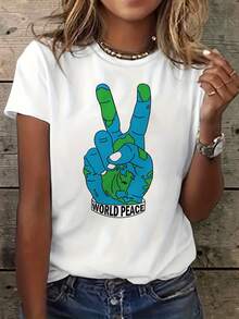 Camiseta de símbolo del signo de la paz del mundo de las mujeres - manga corta cuello de la tripulación Top casual con la impresión de gesto de dedo icónico de la paz, la blusa estirable media-compatible para el uso de verano y primavera, no-tee lavable a la máquina - Blanco - Ver 2