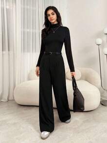 Pantalones plegados elegantes con bolsillos para mujeres maestras, pantalones de otoño/invierno de cintura alta, pantalones de pierna ancha, pantalones sueltos, pantalones holgados, pantalones de negocios profesionales para mujeres, pantalones - Negro - Ver 5