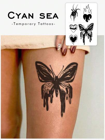1 Tattoo Sticker Dark Graffiti Style Spider, Fire, Heart, Butterfly Collection Temporary Tattoo Sticker, Washable PVC, Single-Use Waterproof And Sweatproof For Arms, Waist, Abdomen, Back, Legs, Non-Reflective, Realistic Tattoo, Suitable For People, Daily Use, Lasts 3-5 Days
