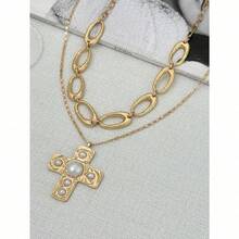 2pcs Sweet & Edgy Double Layer Necklace Set, Pearl Cross Metal Pendant Necklace, Suitable For Holidays Gift, Sweet & Chic Girl Daily Accessory - 金色 - 查看 4