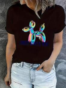 Women's Casual Short-Sleeved T-Shirt-Colorful Balloon Dog Pattern Is A Bag Every Day "Printed Black Round Neck Summer Shirt Breathable Machine-Washable Fabric All Seasons Easy To Care Impervious Material Cute Fashion T-Shirt Local Community Store In Stock Quick Hair Soft Cotton Comfort Enjoy Special Discount Suitable For Easter, Halloween, Thanksgiving, Etc. - 黑色 - 查看 1