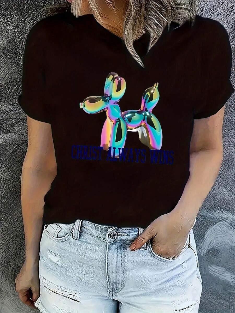 Women's Casual Short-Sleeved T-Shirt-Colorful Balloon Dog Pattern Is A Bag Every Day "Printed Black Round Neck Summer Shirt Breathable Machine-Washable Fabric All Seasons Easy To Care Impervious Material Cute Fashion T-Shirt Local Community Store In Stock Quick Hair Soft Cotton Comfort Enjoy Special Discount Suitable For Easter, Halloween, Thanksgiving, Etc. - 黑色 - 查看 1