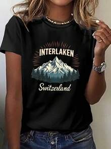 Interlaken Switzerland Mountain Adventure Print T-Shirt, Short Sleeve Crew Neck Casual Top For Summer And Spring, Women's Clothing - 黑色 - 查看 1