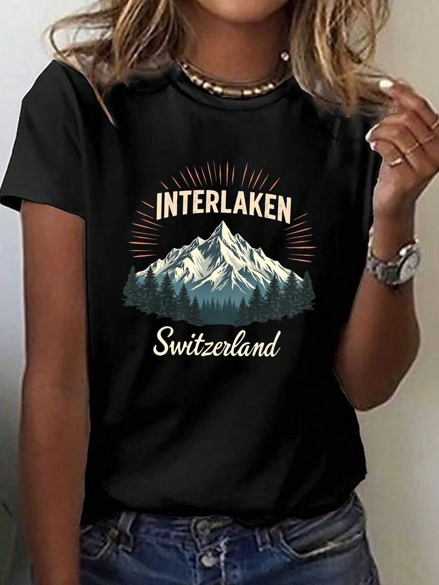 Interlaken Switzerland Mountain Adventure Print T-Shirt, Short Sleeve Crew Neck Casual Top For Summer And Spring, Women's Clothing - 黑色 - 查看 1